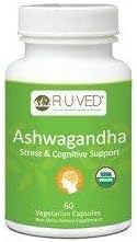 ruved Ashwagandha Capsules - Organic Ashwagandha Root Extract Supplement for Men &amp Women 500mg Per Pill for Adrenal Health and Overall Wellness - 60 Vegetarian Caplets (1 Count)