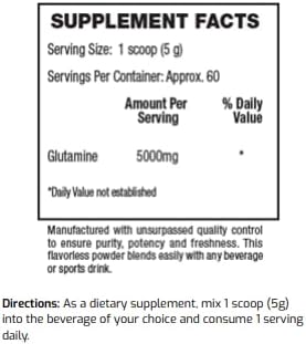 Glutamine Powder | 5000mg - 60 Servings | Post Workout Recovery Drink | No Artificial Colors or Flavors