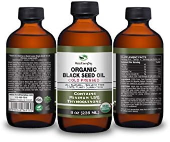 HalalEveryDay Organic Black Seed Oil - USDA Certified Cold Pressed Glass Bottle Over 1.5% 3X Thymoquinone Turkish Black Cumin Nigella Sativa Non-GMO 100% Pure Blackseed Oil (16oz Glass)