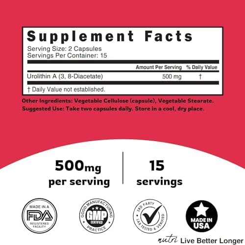 Nutri Urolithin A Supplement 500mg - Powerful Antioxidant Health &amp Wellness Booster - 3rd Party Tested - 500 mg Urolithin A Diacetate - 30 Vegan Capsules 2 Week+ Supply - NSF cGMP Certified Facil