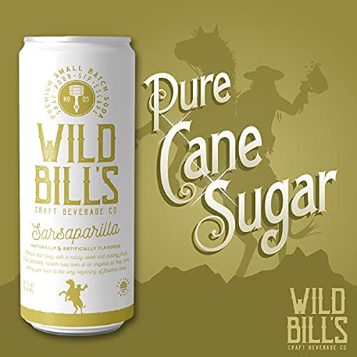 Wild Bill's Sarsaparilla Root Beer Soda Classic Craft Soda Pop Soft Drinks Sodas Made with Pure Cane Sugar Caffeine Free NO High Fructose Corn Syrup Gluten Free Vegan Low Sodium 12 Oz 12 Pack