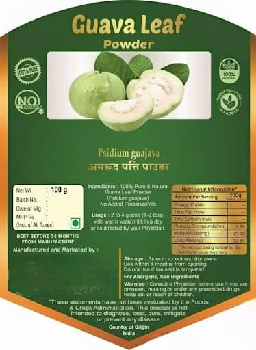 Biotik Guava Leaf Powder - Amrud Leaf Powder (Psidium guajava) Guava Leaves Powder - 100g 3.53 Ounce