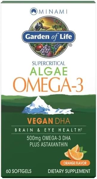 Garden of Life Minami Algae Omega 3 Vegan DHA for Brain and Eye Health - Orange Flavor 500mg Plant Based DHA Omega-3 Vegan Algae Oil plus Astaxanthin No aftertaste 60 easy-to-swallow Mini Softgels