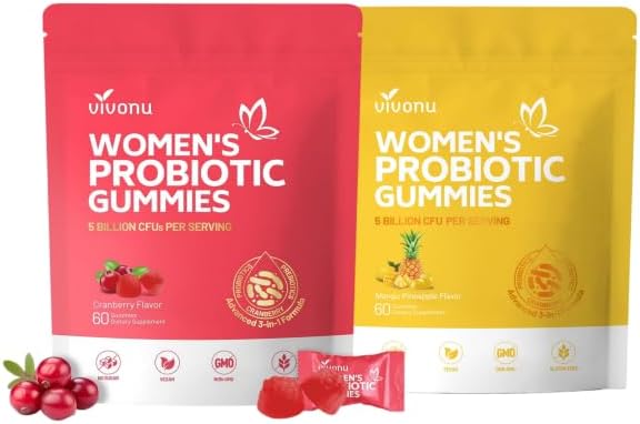 VivoNu Vaginal Probiotics for Women Feminine Balance pH Gummies for Healthy Odor Yeast Balance &amp Flora + Vitamin C for Immune Support(60 Cranberry +60 Pineapple Gummies)