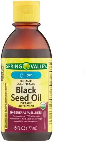 Spring Valley Organic Cold Pressed Black Seed Oil Liquid Antioxidant for Digestion Immune Health Hair Growth and More 6oz with 2 TSP (10ML) Medicine Measuring Spoon