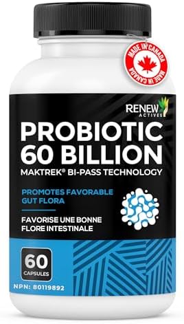 Renew Actives Probiotic Supplement for Digestive Health 60 Billion CFU per 2 Capsules - Advanced Formula with Prebiotic Benefits - Supports Gut Flora Balance &amp Wellness - Made in Canada - 60 Capsu