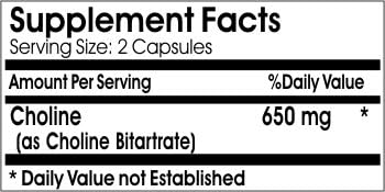 Choline Bitartrate 650mg ~ 100 Capsules - No Additives ~ Naturetition Supplements