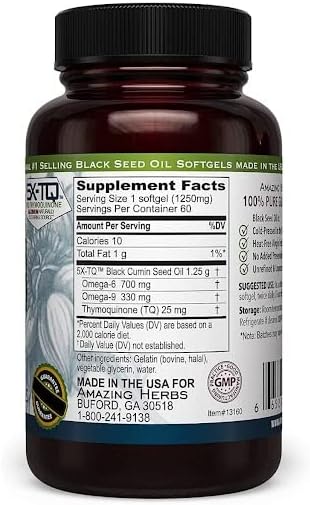 Amazing Herbs Premium Black Seed Oil Capsules - High Potency Cold Pressed Nigella Sativa Aids in Digestive Health Immune Support &amp Brain Function - 60 Count 1250mg