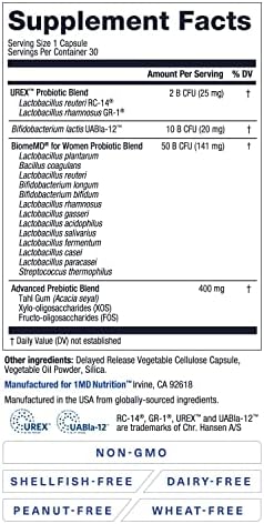 1MD Nutrition BiomeMD Probiotics for Women - Daily Prebiotics and Probiotics for Women - More Than 60 Billion CFUs 15 Strains - Womens Probiotic to Support Urinary &amp Vaginal Health - 30 Capsules