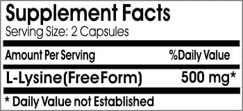 L-Lysine 500mg ~ 200 Capsules - No Additives ~ Naturetition Supplements