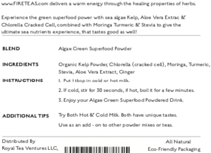 FIRE TEAS Greens Superfood Powder with Seaweed &amp Chlorella (Cracked Cell) - Organic Turmeric Kelp Moringa Stevia Aloe Vera Extract Ginger - Smoothies Yogurt &amp Milkshakes -