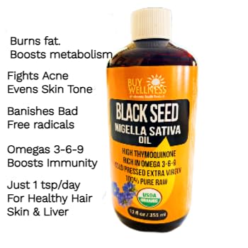 Buy Wellness USDA Organic Blackseed Cold Pressed Oil Nigella Sativa Premium Black Cumin Oil High Thymoquinone Powerful Omega rich oil 12 oz