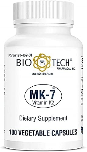 Bio-Tech Pharmacal MK-7 (Vitamin K2) 100 Vegetable Capsules – All-Natural Supplement – Supports Cardiovascular &amp Bone Health – No Dairy Fish Gluten Peanut Shellfish GMOs Kosher Halal &amp