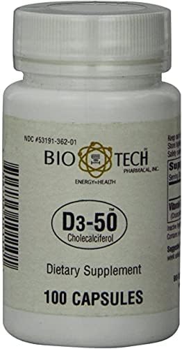 Bio-Tech Pharmacal D3-50 50000 IU 100 Capsules Ð All-Natural Supplement Ð Supports Bone Heart Neuromuscular &amp Immune Health Ð No Dairy Fish Gluten Peanut Shellfish &amp Soy