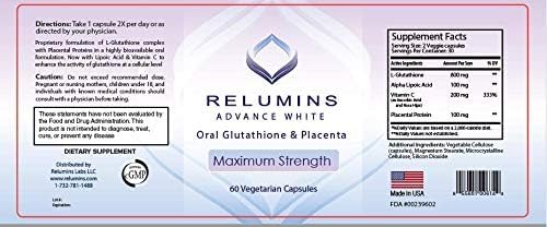 Relumins Advanced White Glutathione Capsules - Max Strength Brightening Supplement with ALA Placenta Rose HIPS &amp Vitamin C - Fights Oxidative Stress Supports Collagen &amp Made in USA - 3 Bott