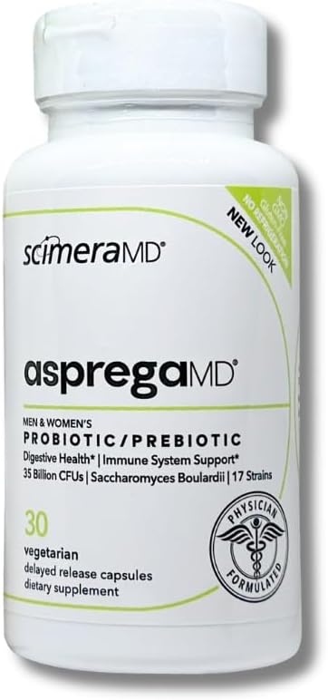 Asprega - Probiotic + Prebiotic Supplement | 17 Strains 35 Billion CFUs | Delayed Release | Saccharomyces Boulardii | For Men &amp Women | By ScimeraMD