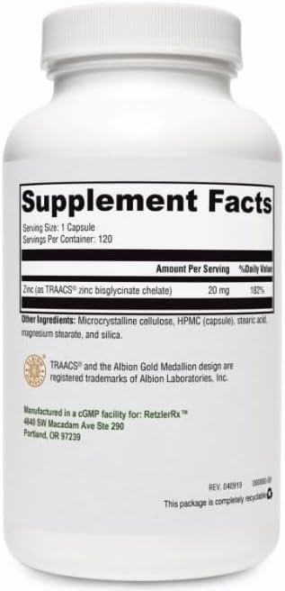 HormoneSynergy Zinc Glycinate 20mg Supplement - 120 Vegetarian Capsules with TRAACS® Formula for Optimal Health Support - Zinc Bisglycinate for Immune Function Skin Health &amp Metabolism