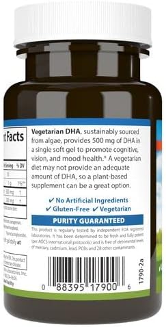 Carlson - Vegetarian DHA 500 mg DHA Plant Based Sustainably Sourced from Algae Brain Support Mood Health 30 Softgels