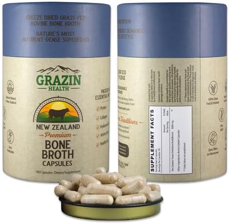 Freeze-Dried Grass-Fed Bovine Bone Broth Capsules – 3000mg Per Serving – Collagen Protein &amp Amino Acids – Pasture-Raised in New Zealand Manufactured in USA – 30 Servings