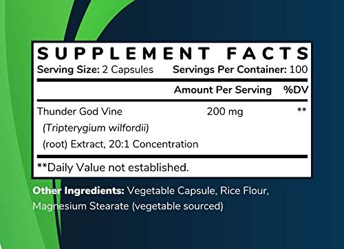 Thunder God Vine Root Extract | Tripterygium wilfordii | 20:1 Concentration | 200 x 100mg Vegan Capsules | Made in USA
