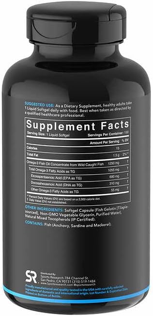 Sports Research Triple Strength Omega 3 Fish Oil - Burpless Fish Oil Supplement w/EPA &amp DHA Fatty Acids from Wild Caught Fish - Heart Brain &amp Immune Support for Men &amp Women - 1250 mg 150