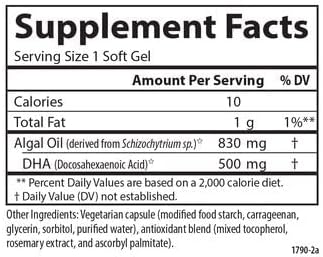 Carlson - Vegetarian DHA 500 mg DHA Plant Based Sustainably Sourced from Algae Brain Support Mood Health 30 Softgels