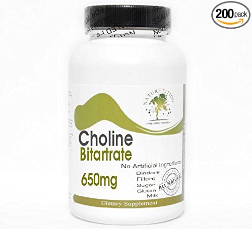 Choline Bitartrate 650mg ~ 200 Capsules - No Additives ~ Naturetition Supplements