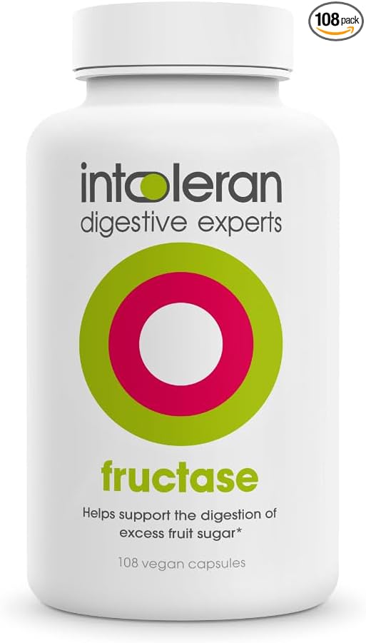 Intoleran Fructase Digestive Enzymes - 108 Capsules | Supplement for Fructose Intolerance | Enzymes to Help Digest Sugary Foods &amp Drinks (Fruit Sugar) | Fast Acting | Pure and Vegan | Low FODMAP