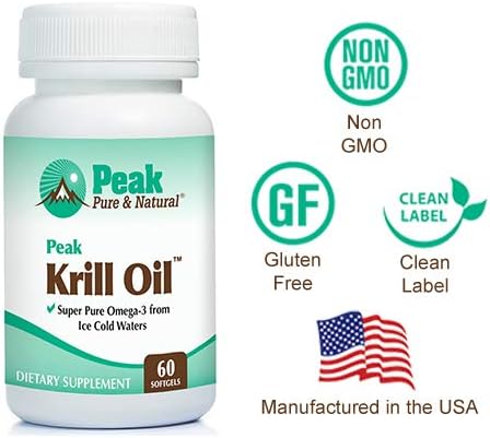Peak Pure &amp Natural Peak Krill Oil Supplement - Better Than Fish Oil for Joint and Heart Health - Krill Oil Brain Supplement - EPA DHA and Astaxanthin - 60 softgels