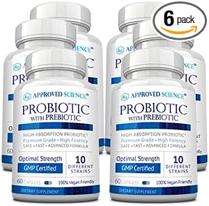 Approved Science Probiotic with Prebiotic - 10 Strains - 25 Billion CFU - 6 Bottles - Vegan