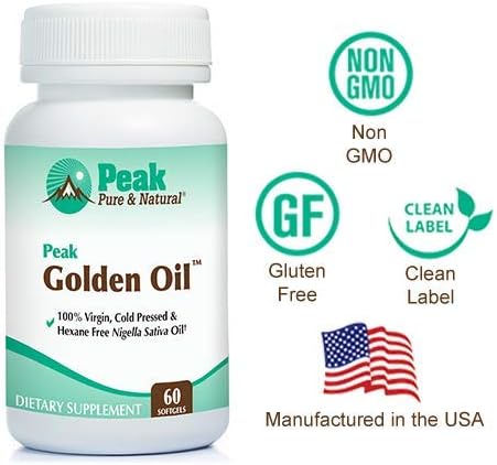 Peak Pure &amp Natural Peak Golden Oil Cold Pressed Organic Black Seed Oil Supplement - Black Seed Oil for Digestive Health Skin Nutrition Joint Comfort - 60 Capsules