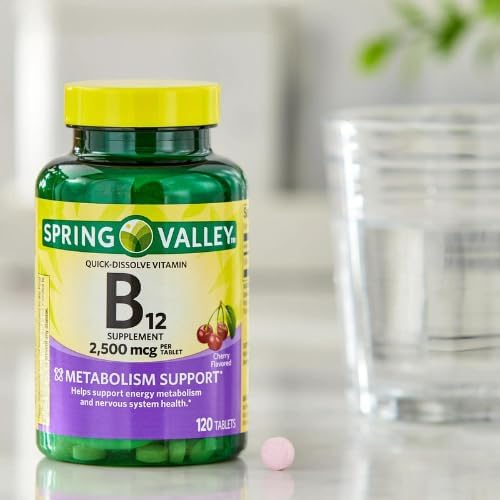 Generic Spring Valley Vitamin B12 2500 mcg B12 Quick-Dissolve Cherry Flavor Tablets Dietary Supplement Vitamin B12 120 Count + DRI Store +Sticker