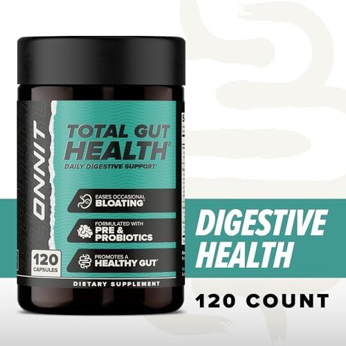 ONNIT Total Gut Health Daily Digestive Support IGEN Non-GMO Tested Digestion Supplement for Women and Men with 7 Strains of Probiotics Prebiotics Enzymes and Betaine HCL 120 Count