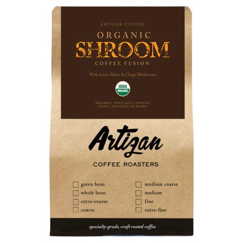 Artizan Coffee USDA Organic Ground Coffee | Functional Mushroom Coffee Fusion - Lion's Mane &amp Chaga | Medium-Dark Roast | Medium Grind for Drip | 10 oz | Roasted in South Florida