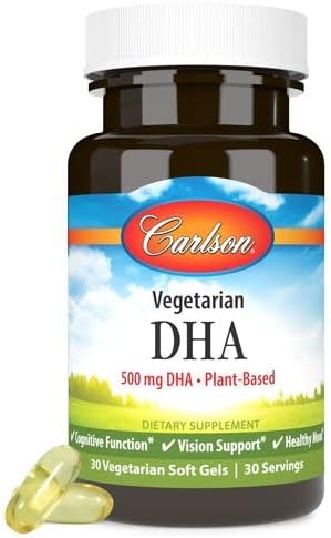 Carlson - Vegetarian DHA 500 mg DHA Plant Based Sustainably Sourced from Algae Brain Support Mood Health 30 Softgels