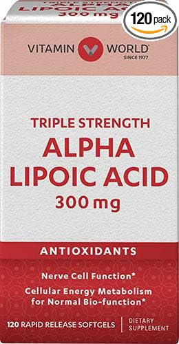Vitamin World Alpha Lipoic Acid 300 mg. 120 softgels Triple Strength Antioxidant Rapid-Release Gluten Free