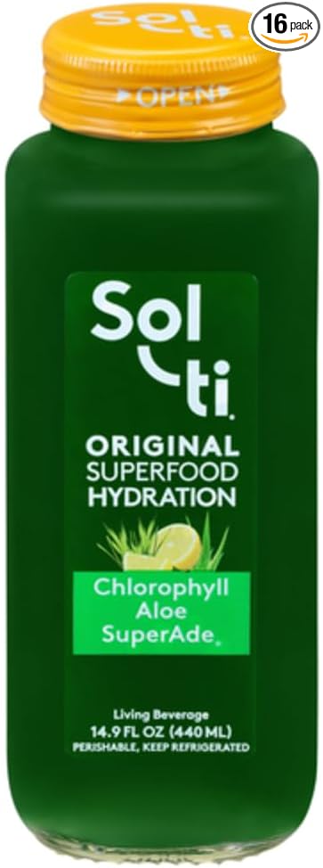 Organic SuperAde Hydration Drink Digestive and Skin Health SuperFood Lemonade by Sol-ti Cold-Pressed Chlorophyll Aloe and Lemon Juice Blend 16 Pack (14.9 Fl oz)