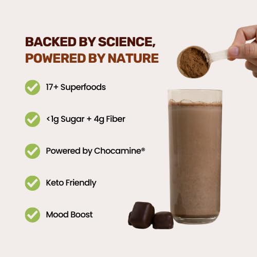 Dark Chocolate Superfood Powder - 17 Organic Superfoods + Prebiotic &amp Probiotics + More - Keto Friendly - Supports Positive Mood Gut Health - Vegan Gluten Free Non-GMO - 30 Day Supply