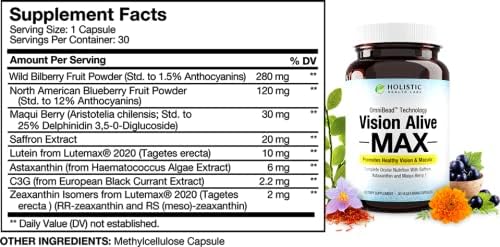Holistic Health Labs Vision Alive Max with 8 Natural Ingredients Lutemax® 2020 Bilberries Blueberries c3g from Black Currant Maqui Berry Saffron and Astaxanthin (30 Count (Pack of 1))