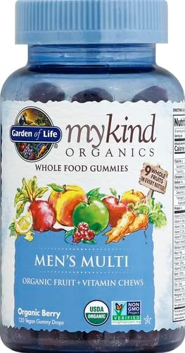 Garden of Life Organics Men's Gummy Vitamins - Berry - Certified OrganicNon-GMOVeganKosher Complete Multi - Methyl B12C &amp D3 - GlutenSoy &amp Dairy Free120 Real Fruit Chew Gummies(Pack of