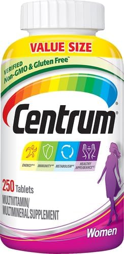Centrum Multivitamin for Women Multivitamin/Multimineral Supplement with Iron Vitamin D3 B Vitamins and Antioxidant Vitamins C and E Tablet Gluten Free Non-GMO Ingredients - 250 Count