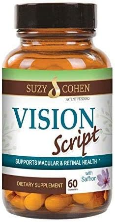 Vision Script with Saffron for Macular and Retinal Eye Health 60 Servings- Each Capsule Contains Saffron Black Currant Lutein Zeaxanthin Vitamin C and E and Zinc Glycinate.