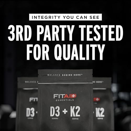 FITAID Essentials Vitamin D3 K2 5000 IU Supplement 125mcg D3 + 100mcg K2 MK7 High Absorption VIT D3 and K2 Supplements for Athletes Bone Health &amp Immune Support 120 Veg Caps 4 Month Supply