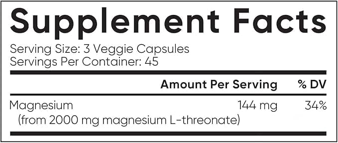 Sports_Researchs Magnesium L-Threonate 2000mg (135 Count Servings.) Advanced Brain Magnesium for Memory Focus &amp Cognitive Support