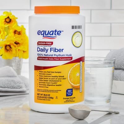 Equate Sugar-Free Psyllium Husk Fiber Powder 100% Natural Daily Fiber Supplement Orange Flavor 36.8 oz (180 Teaspoon Doses) Sticker
