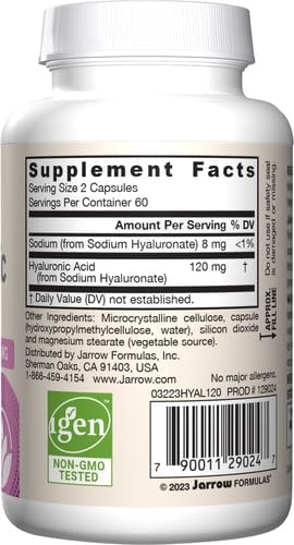Jarrow Formulas® Hyaluronic Acid 120 mg Dietary Supplement Skin Health Support 120 Veggie Capsules Up to 60 Day Supply(Pack of 2)