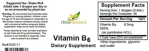 Liquid Vitamin B6 Drops - Pyridoxine Extract Dietary Supplement to Support Brain Function Immunity Nervous System Heart Health Metabolism - 500% DV 36 Servings per Bottle - 1 fl. oz.