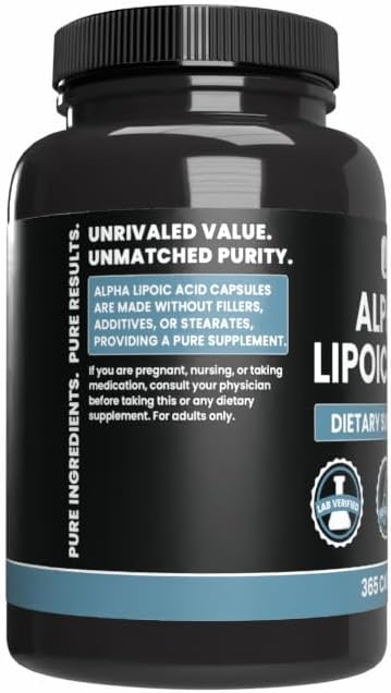 PURE ORIGINAL INGREDIENTS Alpha Lipoic Acid (365 Capsules) No Magnesium Or Rice Fillers Always Pure Lab Verified