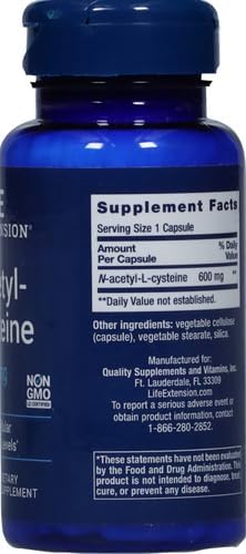 Life Extension N-Acetyl-L-Cysteine (NAC)ImmuneRespiratoryLiver HealthNAC 600 mgPotent antioxidant SupportFree-radicalsEasy to Absorb60 Capsules(Pack of 2)
