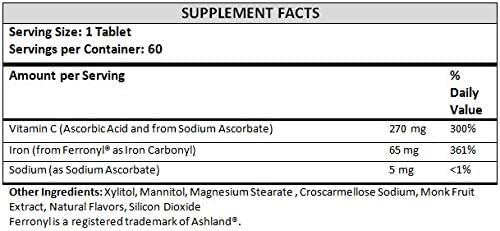 Chewable Carbonyl Iron 65mg with 270mg Vitamin C – Bariatric Friendly Tablet (Non-Gummy) Sugar-Free Orange Flavor - Iron Supplement – 60 Tablets (60 Day Supply)